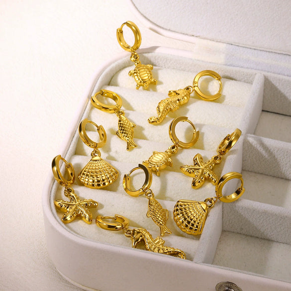 Wholesale Marine Life Series Seaside Beach Wind Earrings With Starfish Conch Dolphin Seahorse Octopus Stainless Steel Electroplated