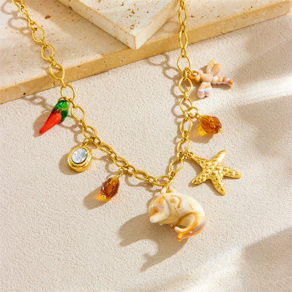 Wholesale Marine Series Stainless Steel Necklace With Dolphin Starfish Dragonfly Animal Zodiac Pendant Electroplated O Word Chain For Women
