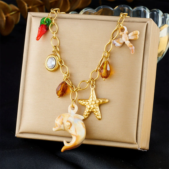 Wholesale Marine Series Stainless Steel Necklace With Dolphin Starfish Dragonfly Animal Zodiac Pendant Electroplated O Word Chain For Women