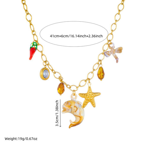 Wholesale Marine Series Stainless Steel Necklace With Dolphin Starfish Dragonfly Animal Zodiac Pendant Electroplated O Word Chain For Women