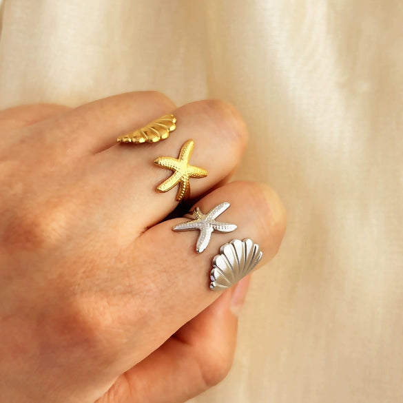 Wholesale Marine Series Stainless Steel Starfish Ring With 18K Gold Plating And Heart Pattern