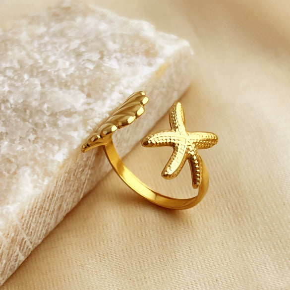 Wholesale Marine Series Stainless Steel Starfish Ring With 18K Gold Plating And Heart Pattern