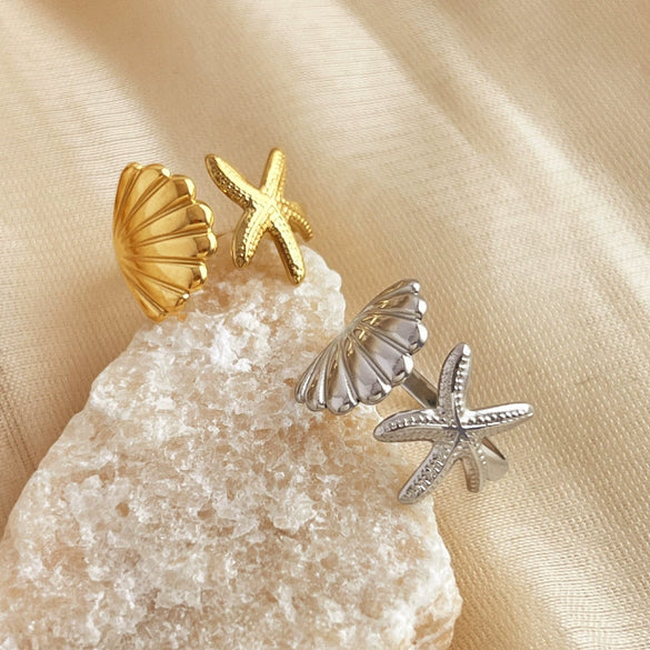 Wholesale Marine Series Stainless Steel Starfish Ring With 18K Gold Plating And Heart Pattern