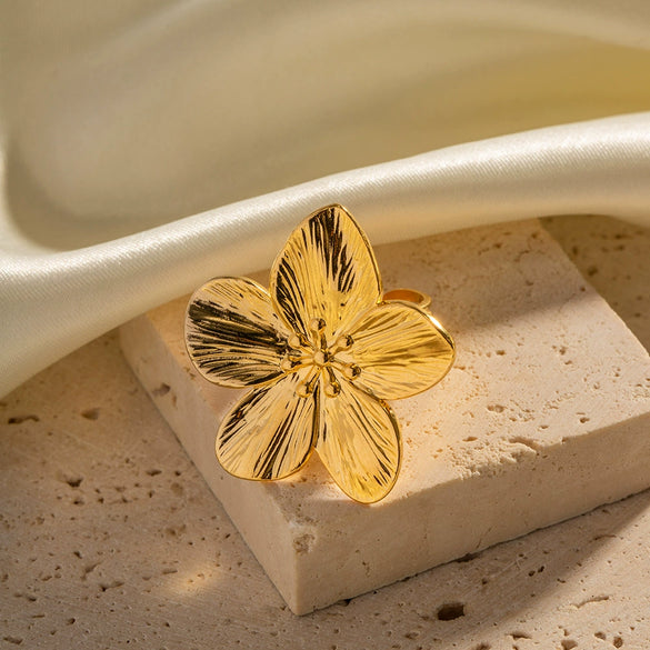 Wholesale Matte Retro Gold Stainless Steel Flower Opening Ring With Geometric Design And Electroplating For Women