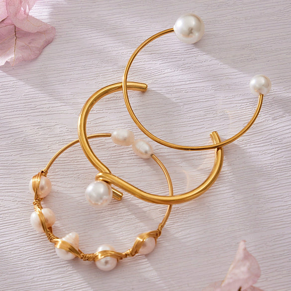Wholesale Medieval Geometric Style 18K Gold Electroplated Natural Freshwater Pearl Open Bracelet Copper Jewelry Accessories