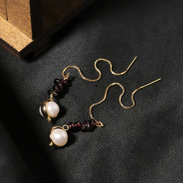 Wholesale Medieval Style Garnet Tassel And Natural Freshwater Pearl Long Earrings With Electroplating