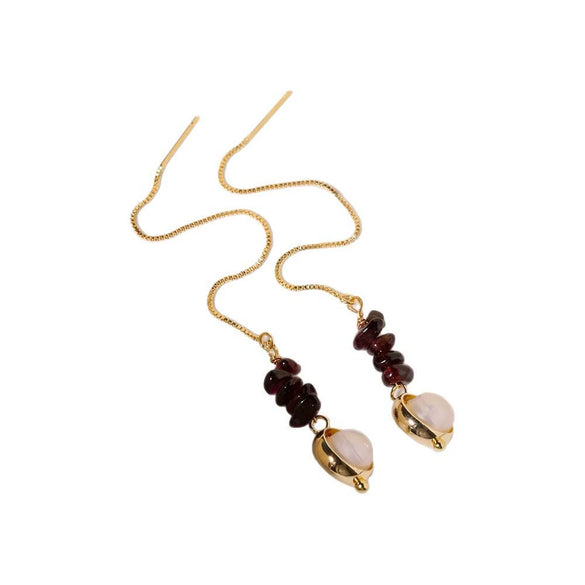 Wholesale Medieval Style Garnet Tassel And Natural Freshwater Pearl Long Earrings With Electroplating