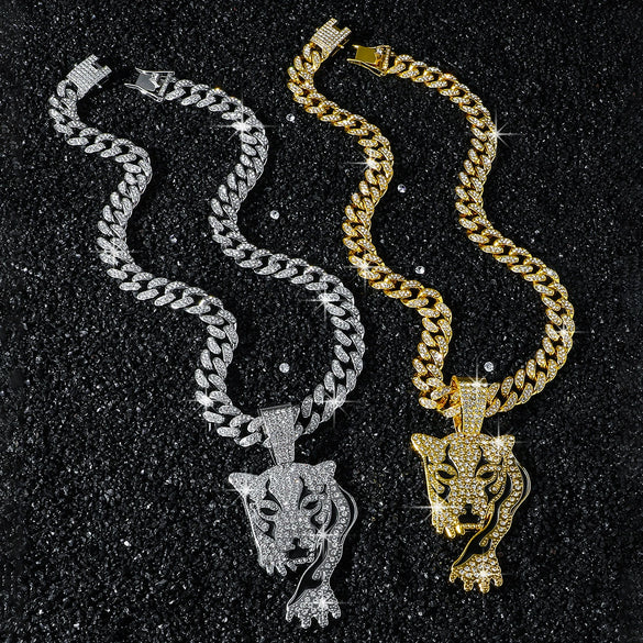 Wholesale Men's Alloy Animal Leopard Head Pendant Necklace With Cuban Chain And Electroplating Hiphop Style