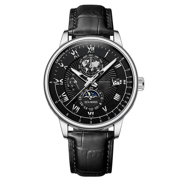 Wholesale Men's Alloy Imitation Leather Strap Business Style Round Dial Watch With Threeeye Calendar Starry Sky Moon Design