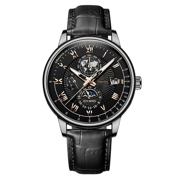 Wholesale Men's Alloy Imitation Leather Strap Business Style Round Dial Watch With Threeeye Calendar Starry Sky Moon Design