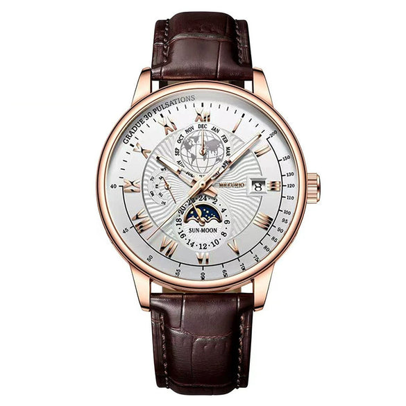 Wholesale Men's Alloy Imitation Leather Strap Business Style Round Dial Watch With Threeeye Calendar Starry Sky Moon Design