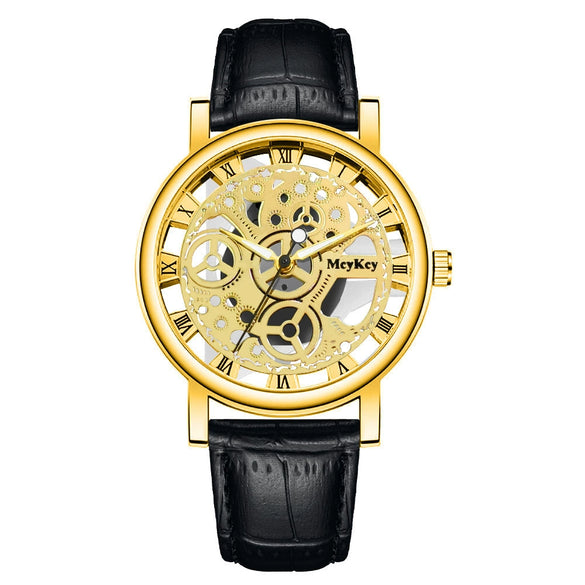Wholesale Men's Alloy Leather Belt Quartz Wrist Watch With Transparent Bottom Hollow Design And Round Dial