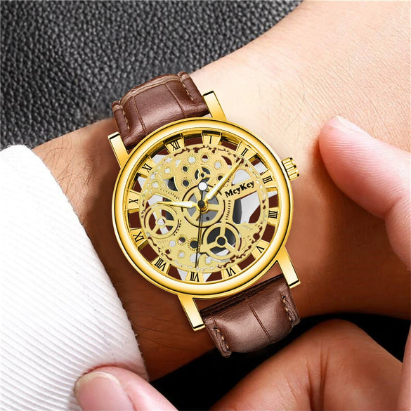 Wholesale Men's Alloy Leather Belt Quartz Wrist Watch With Transparent Bottom Hollow Design And Round Dial