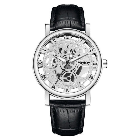 Wholesale Men's Alloy Leather Belt Quartz Wrist Watch With Transparent Bottom Hollow Design And Round Dial