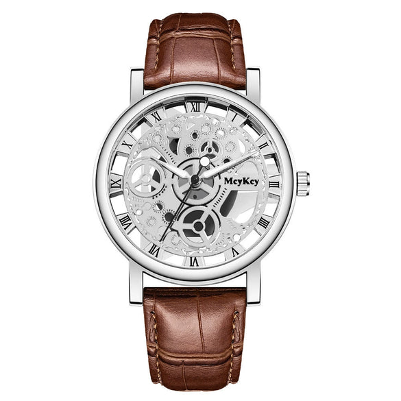 Wholesale Men's Alloy Leather Belt Quartz Wrist Watch With Transparent Bottom Hollow Design And Round Dial