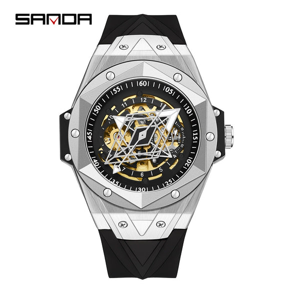 Wholesale Men's Automatic Mechanical Quartz Geometric Cut Out Watch Zinc Alloy Case Silicone Strap High Hardness Mineral Tempered Glass Mirror
