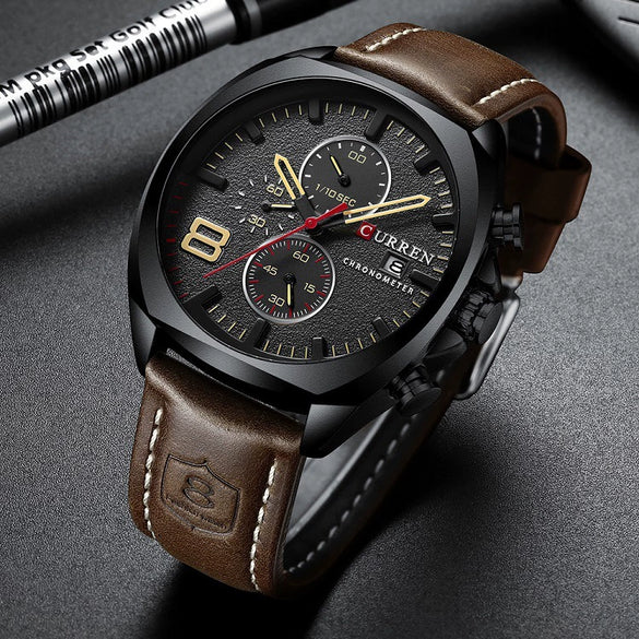 Wholesale Men's Business Casual Quartz Watch With Sixpin Calendar Leather Strap Alloy Case Mineral Reinforced Glass Mirror And Stainless Steel Pin Buckle