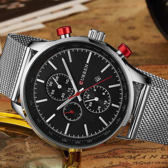 Wholesale Men's Business Stainless Steel Round Quartz Watch With Calendar And Mesh Strap