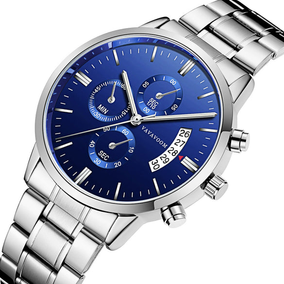 Wholesale Men's Business Stainless Steel Watch With Blue Face And Silver Chain And Round Dial