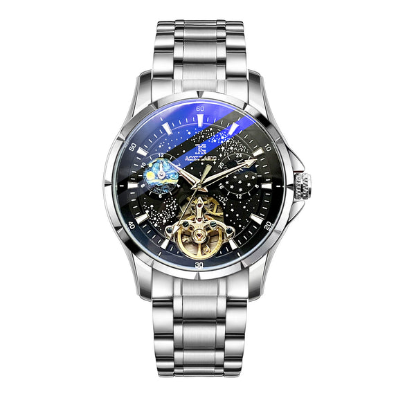 Wholesale Men's Casual Automatic Pure Mechanical Watch With Large Flywheel Skeleton Design Alloy Case Genuine Leather Strap Sapphire Crystal Glass Mirror Round Dial Waterproof