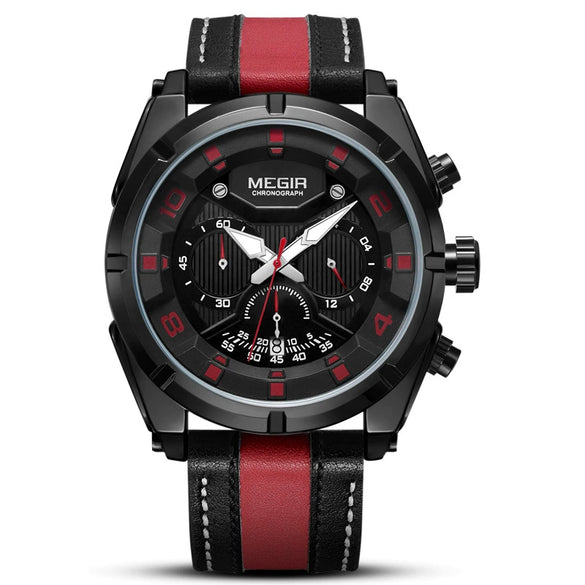 Wholesale Men's Casual Sports Multifunction Chronograph Waterproof Quartz Watch Alloy Case Genuine Leather Strap Round Dial Stainless Steel Clasp