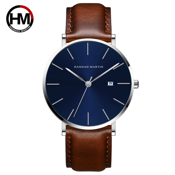 Wholesale Men's Casual Waterproof Quartz Watch With Round Dial Stainless Steel Clasp Genuine Leather Strap Metal Case And Mineral Strengthened Glass Mirror