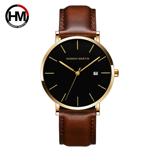 Wholesale Men's Casual Waterproof Quartz Watch With Round Dial Stainless Steel Clasp Genuine Leather Strap Metal Case And Mineral Strengthened Glass Mirror