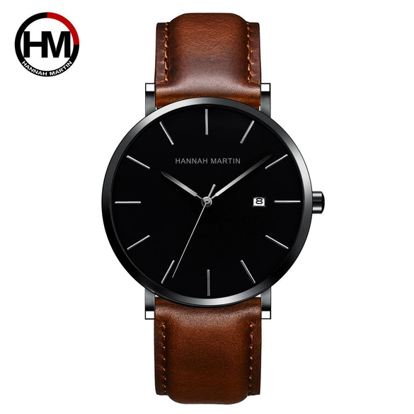 Wholesale Men's Casual Waterproof Quartz Watch With Round Dial Stainless Steel Clasp Genuine Leather Strap Metal Case And Mineral Strengthened Glass Mirror