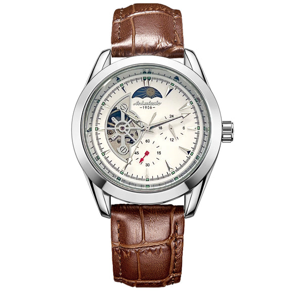 Wholesale Men's Fully Automatic Mechanical Watch With Round Dial Alloy Case Genuine Leather Strap Stainless Steel Buckle Mineral Reinforced Glass Mirror
