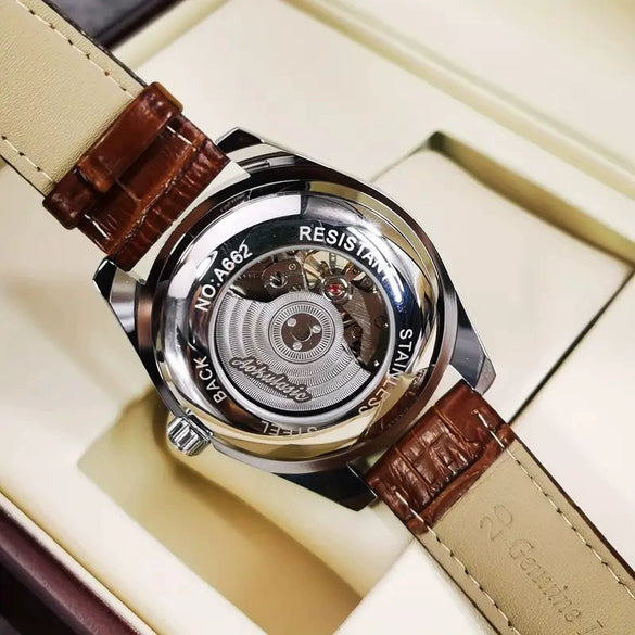 Wholesale Men's Fully Automatic Mechanical Watch With Round Dial Alloy Case Genuine Leather Strap Stainless Steel Buckle Mineral Reinforced Glass Mirror