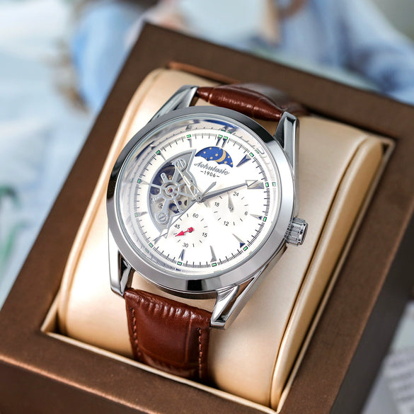 Wholesale Men's Fully Automatic Mechanical Watch With Round Dial Alloy Case Genuine Leather Strap Stainless Steel Buckle Mineral Reinforced Glass Mirror