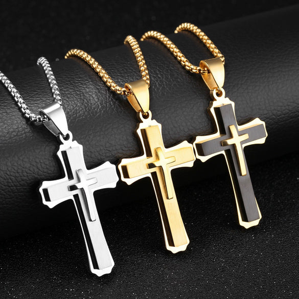 Wholesale Men's Geometric Cross Titanium Steel Electroplated Pearl Chain Necklace