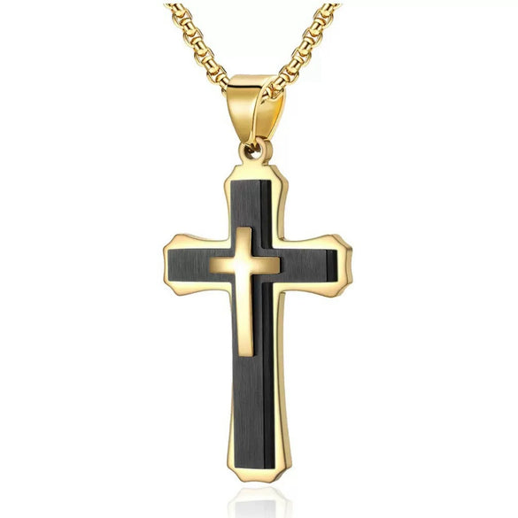 Wholesale Men's Geometric Cross Titanium Steel Electroplated Pearl Chain Necklace
