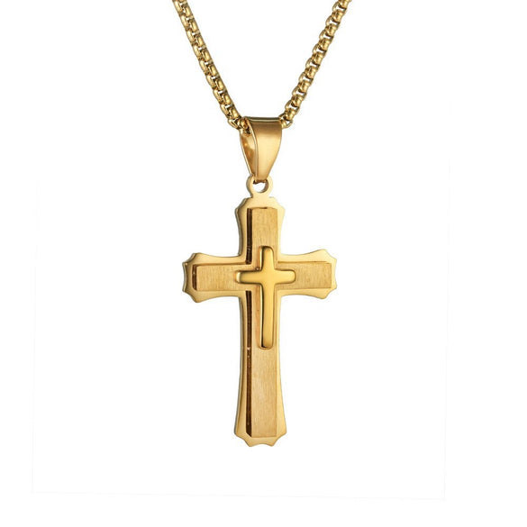 Wholesale Men's Geometric Cross Titanium Steel Electroplated Pearl Chain Necklace