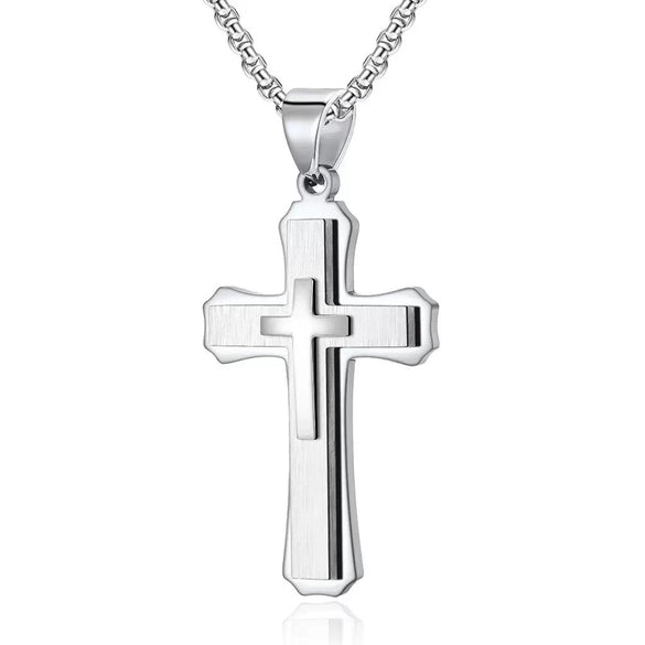 Wholesale Men's Geometric Cross Titanium Steel Electroplated Pearl Chain Necklace