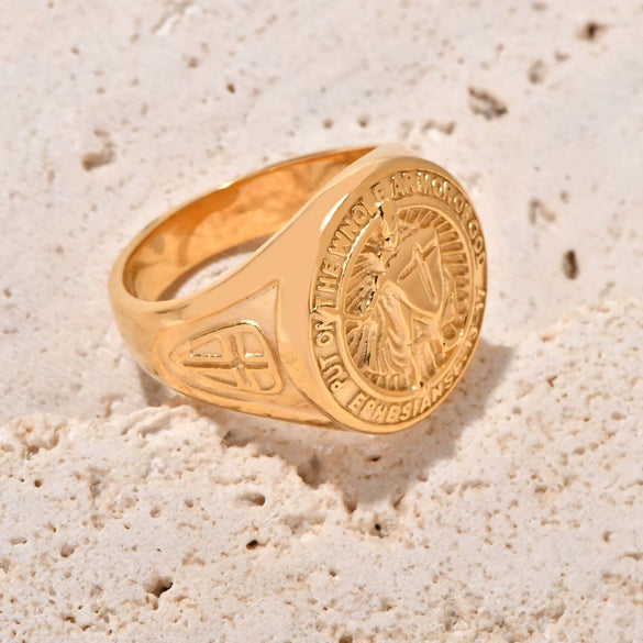 Wholesale Men's Goldplated Stainless Steel Retro Templar Cross Shield Ring Electroplating