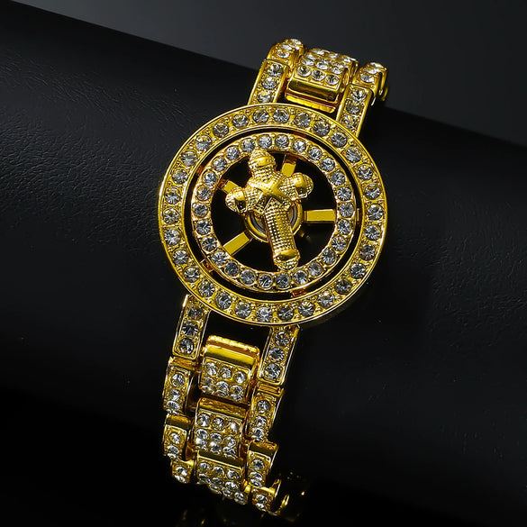 Wholesale Men's Hip Hop Alloy Watch With Turning Cross Geometric Pattern And Diamond Design