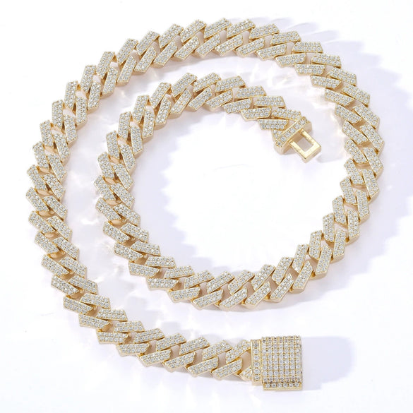 Wholesale Men's Hip Hop Necklace Cuban Chain Copper 18K Gold Double Row Micro Inlaid Zircon