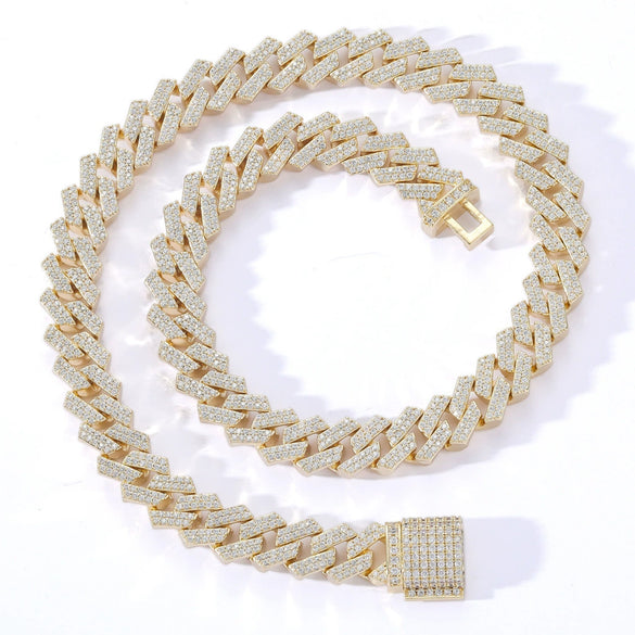 Wholesale Men's Hip Hop Necklace Cuban Chain Copper 18K Gold Double Row Micro Inlaid Zircon