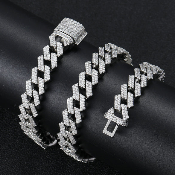 Wholesale Men's Hip Hop Necklace Cuban Chain Copper 18K Gold Double Row Micro Inlaid Zircon