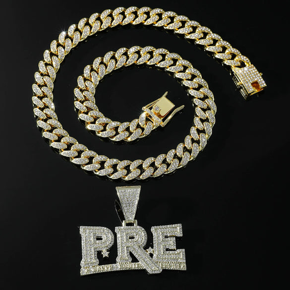 Wholesale Men's Hiphop Style Alloy Pendant Necklace With Diamond Letter Pattern And Cuban Chain
