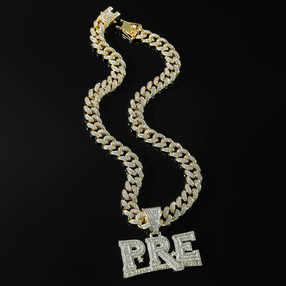 Wholesale Men's Hiphop Style Alloy Pendant Necklace With Diamond Letter Pattern And Cuban Chain