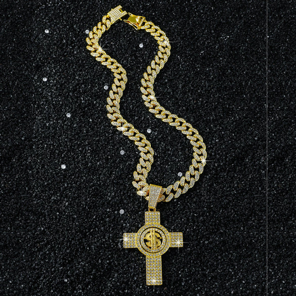 Wholesale Men's Hiphop Style Zinc Alloy Cross Pendant Necklace With Cuban Chain And Electroplating Treatment