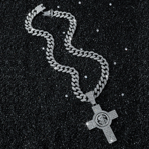 Wholesale Men's Hiphop Style Zinc Alloy Cross Pendant Necklace With Cuban Chain And Electroplating Treatment