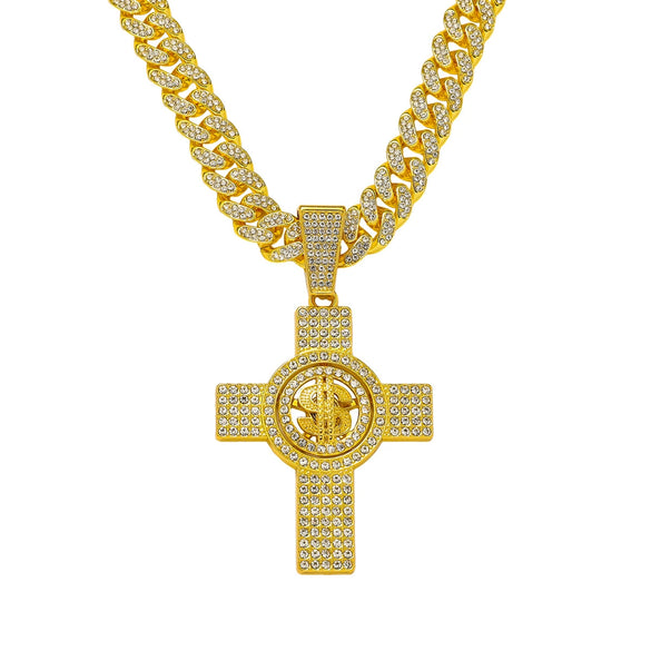 Wholesale Men's Hiphop Style Zinc Alloy Cross Pendant Necklace With Cuban Chain And Electroplating Treatment