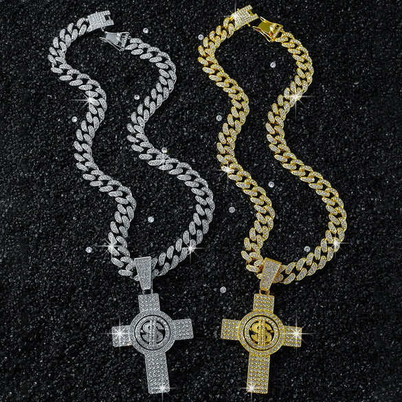 Wholesale Men's Hiphop Style Zinc Alloy Cross Pendant Necklace With Cuban Chain And Electroplating Treatment