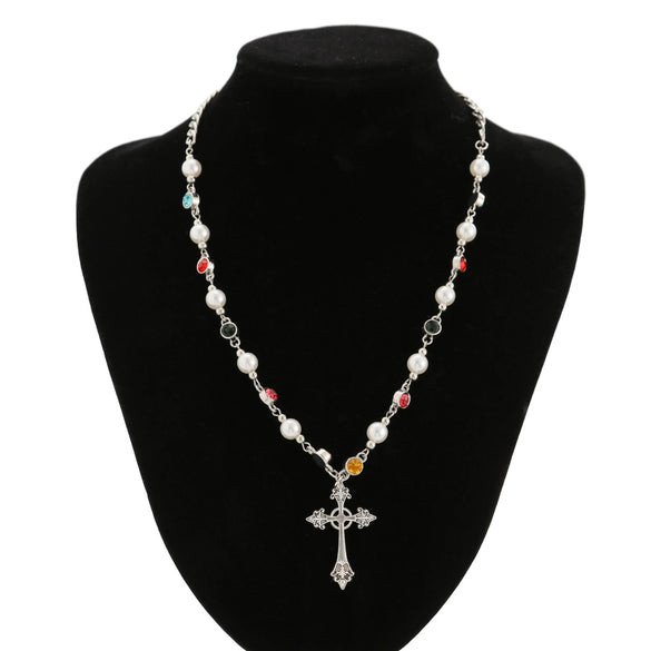 Wholesale Men's Jewelry Hiphop Style Cross Necklace With Imitation Pearl And Crystal Made Of Zinc Alloy Geometric Pattern Handmade