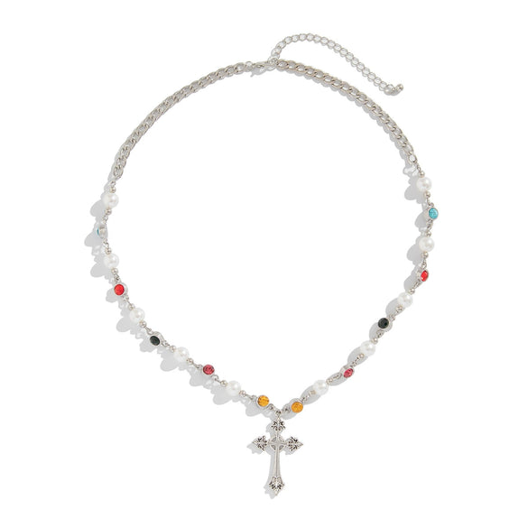 Wholesale Men's Jewelry Hiphop Style Cross Necklace With Imitation Pearl And Crystal Made Of Zinc Alloy Geometric Pattern Handmade