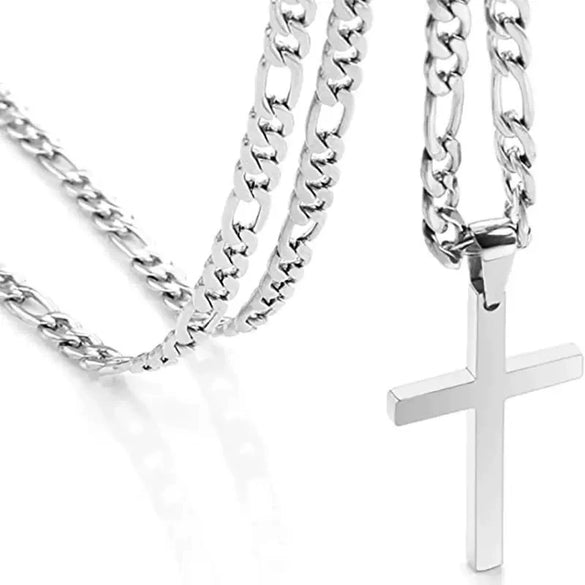 Wholesale Men's Jewelry Stainless Steel And Titanium Steel Geometric Cross Pendant Cuban Chain Necklace With Polish Design