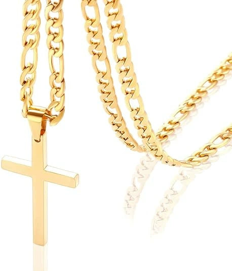 Wholesale Men's Jewelry Stainless Steel And Titanium Steel Geometric Cross Pendant Cuban Chain Necklace With Polish Design